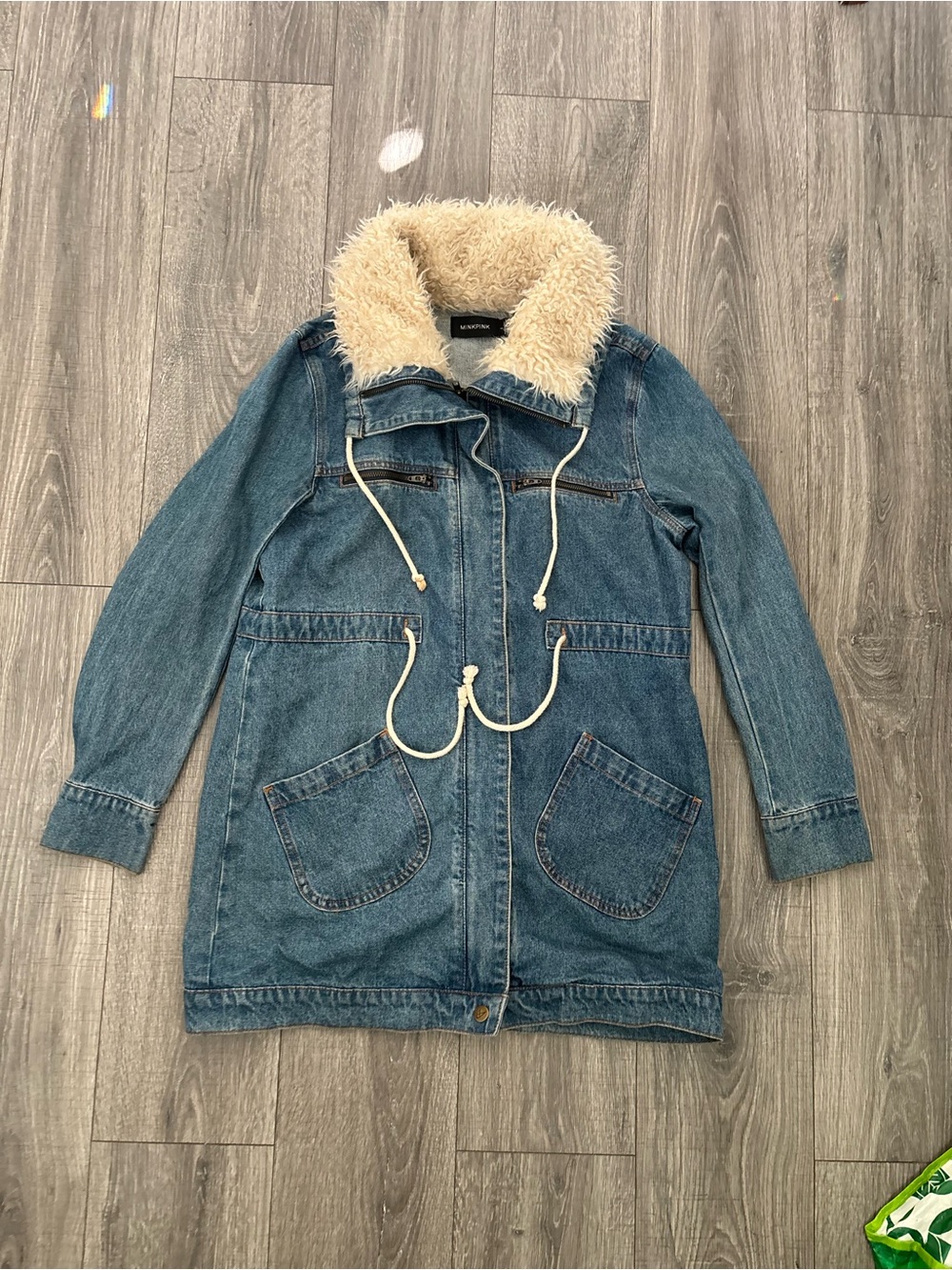 MINKPINK Sherpa Collar Denim Parka Jacket Women’s Small Blue Longline
